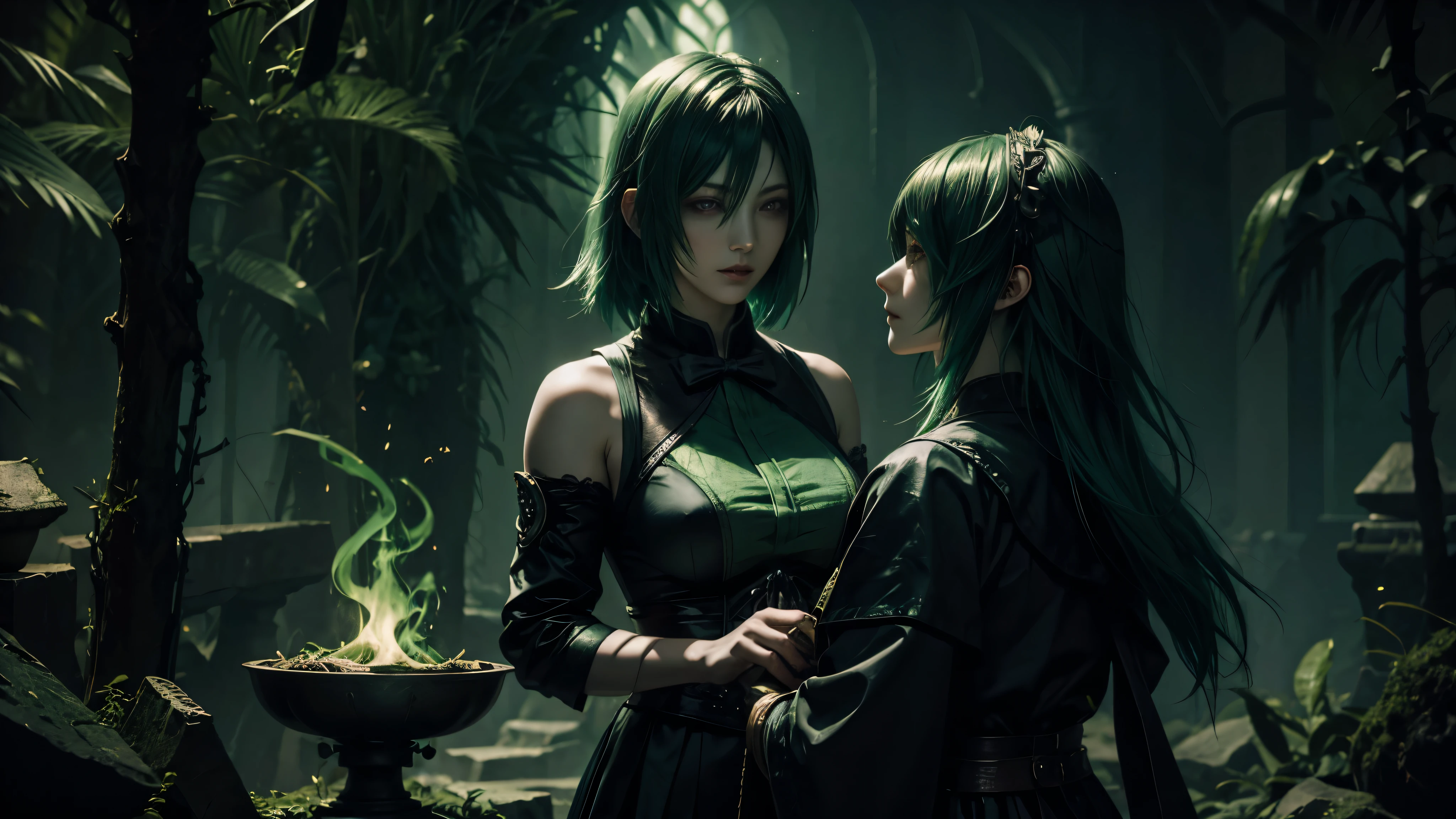 green hair, alchemist (Dark Fantasy) (Fatal Frame)