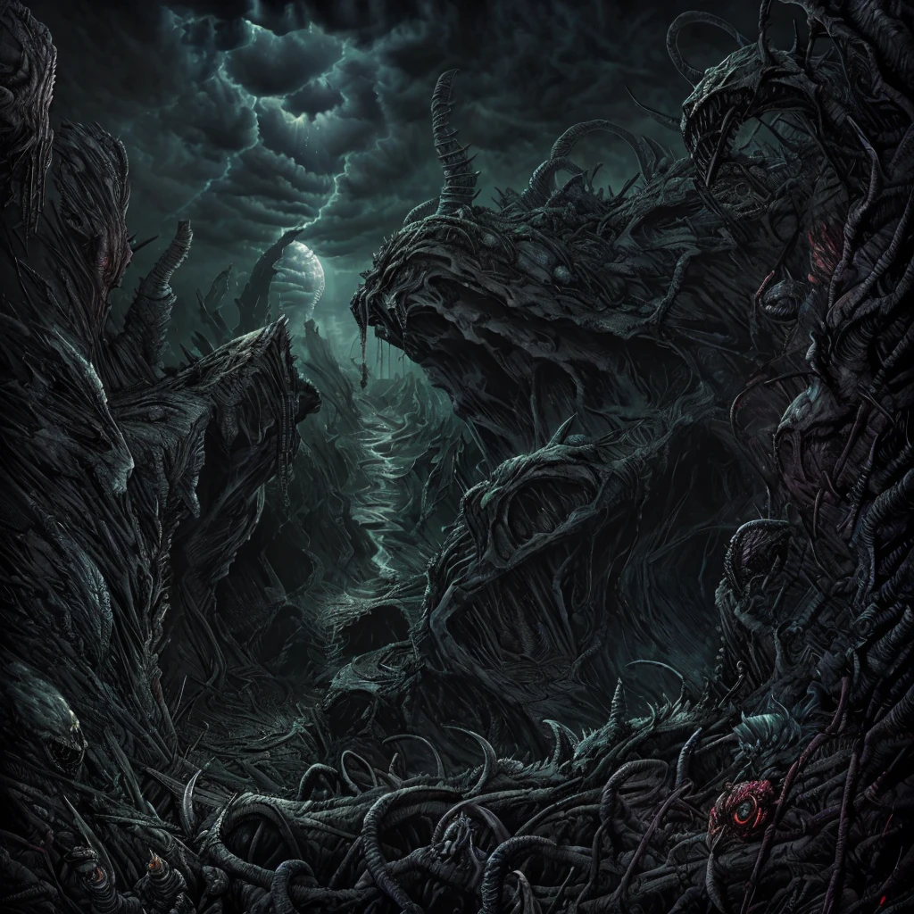 view from the top of the peak, a futurist dark valley in ruin, evil creatures, cosmic horror, abyss view, madness, thorns, spiked walls. Creepy illustration, Horror art, hyperdetailed painting, color drawing, art by Derek Riggs and HR Giger