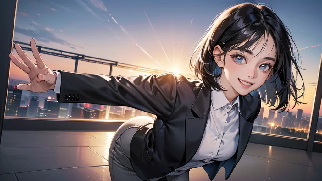 (perfect anatomy:1.2)(absurdres, highres, ultra detailed),masterpiece,best quality,high resolution,8k,Realistic face,Realistic skin texture,magnified textures, stunning clarity,detailed anime girl,(ultra detailed eyes and face),(1 girl:1.5)21years old,she is office worker,,smile:1.2,black hair, bob cut,natural make,grey jacket,grey pants,black brouse,sparkling eyes.small nose,roundface,just left the office when it was time to leave,night,bussines district,she is walking,(looks happy:1.5),feeling freedom,(smile:1.5),look at viewer,upper body,standing,arms down