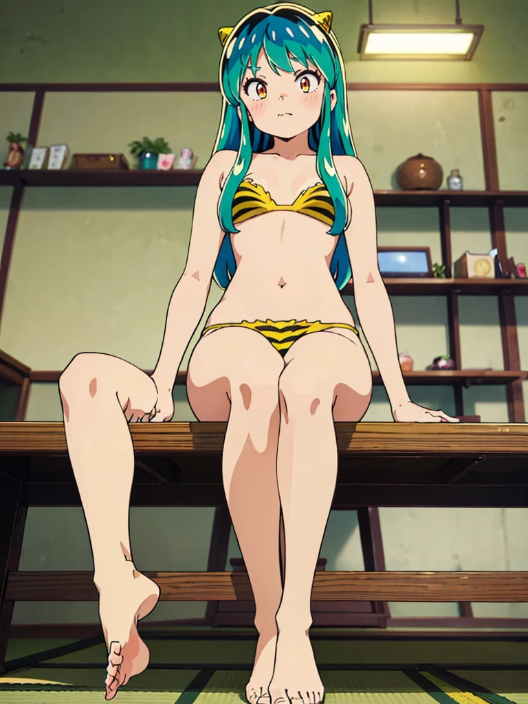 masterpiece, Highest quality, 1 Girl, Lum, Micro Bikini, anime, Charm, 18-year-old, sexy, blush, Sit with your legs apart, Show the soles of your feet, Japan, Focus on the feet, High definition, From before, Japan, Green Hair, Cowboy Shot