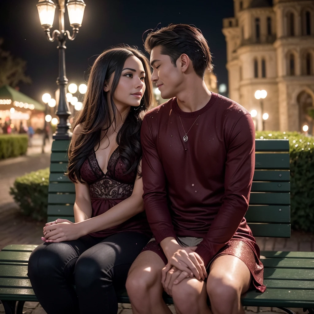 Intimate and high-quality photos of (Couple:1.2), Sit On (Bench:1.1), (Enchanting Light:1.1), sexy, passionate, exquisitely detailed, (sweat:1.1) with (glittering droplets:1.1), castle backgrounds, Sony Alpha 7R IV Camera, Digital Photo, f/2.8 lens, black-red, , Too many realistic textures, trends on social media, night light