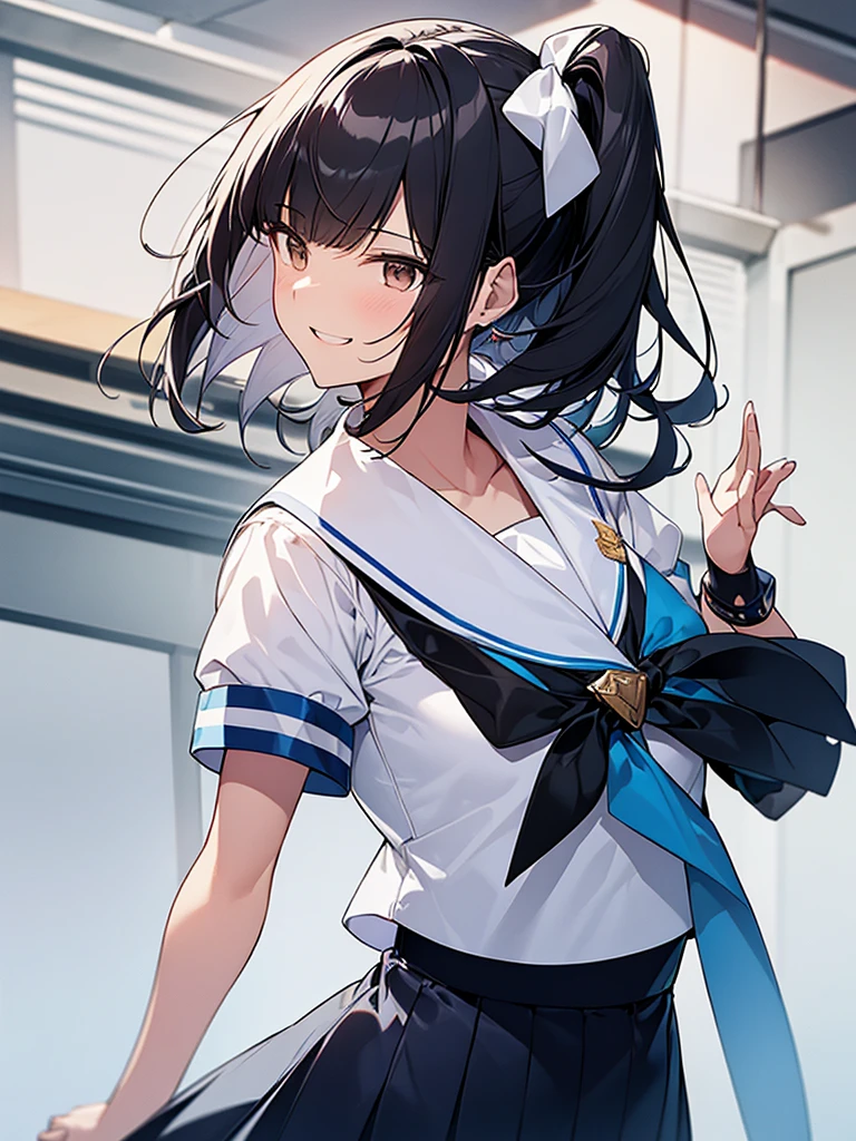 A dignified smile, high armband, laughter, hall々Standing tall woman:1.9 Composition seen from below White summer sailor uniform Navy blue skirt Spirit Short black hair Ponytail:1.9 Straight hair Hair tie Sweep bangs to the side:1.9. Slanted eyes, brown eyes, tall, strong-willed, beautiful