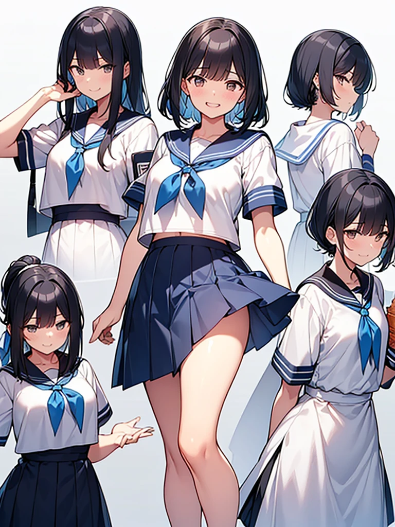 A dignified smile, high armband, laughter, hall々Standing tall woman:1.9 Composition seen from below White summer sailor uniform Navy blue skirt Spirit Short black hair Ponytail:1.9 Straight hair Hair tie Sweep bangs to the side:1.9. Slanted eyes, brown eyes, tall, strong-willed, beautiful