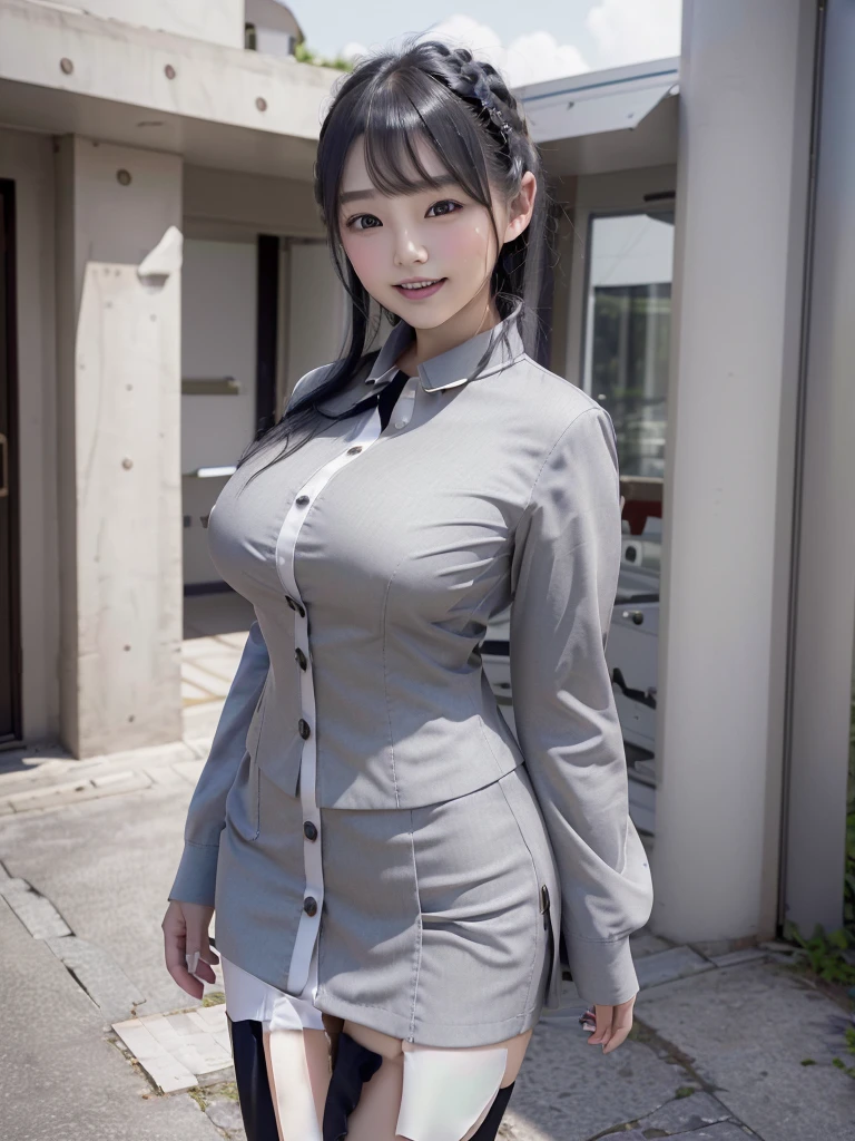 Highest quality、masterpiece、8k、Very detailed、Realistic、(One girl)、(Looking at me with a smile:1.5)、whole body、(Black Hair)、Small face、(Slender:1.2)、(Big Breasts:1.2)、(White business shirt with buttons and a collar:1.2)、(short tight skirt in gray,:1.2)、(Grey business jacket:1.2)