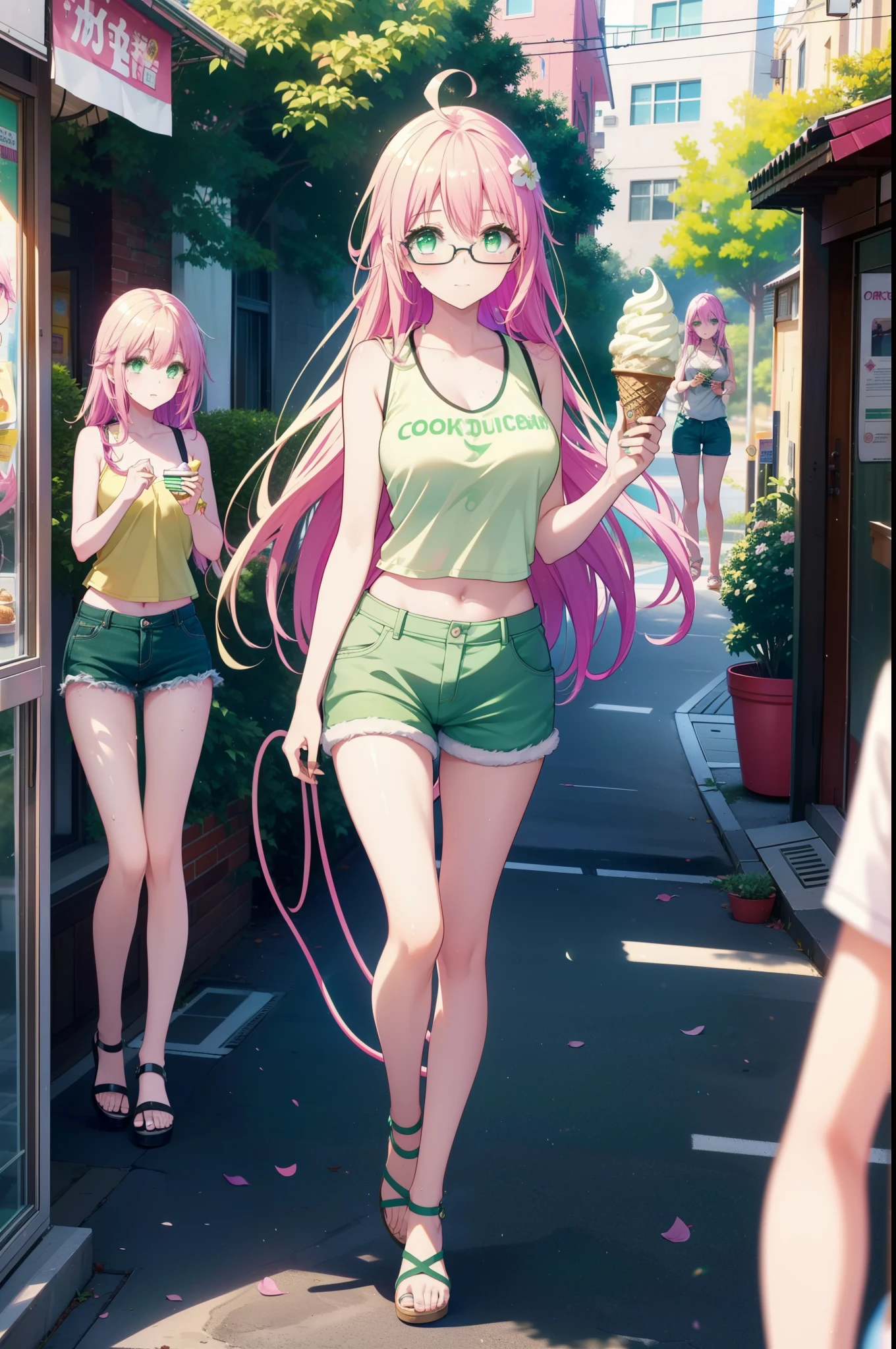 Laladevi Luke, Lara Deviluke, Long Hair, Pink Hair, tail, Ahoge, bangs, hair ornaments, (Green Eyes:1.5), smile,Open your mouth,demon tail, Tank top,Shorts,Heeled Sandals,Black-rimmed glasses,Holding ice cream in one hand,Eating ice cream,Walking,noon,Clear skies,True Summer,Sweat,whole bodyがイラストに入るように,
break outdoors, In town,
break looking at viewer, whole body,
break (masterpiece:1.2), Highest quality, High resolution, unity 8k wallpaper, (figure:0.8), (beautiful detailed eyes:1.6), extremely detailed face, Perfect lighting, extremely detailed CG, (Perfect hands, Perfect Anatomy),