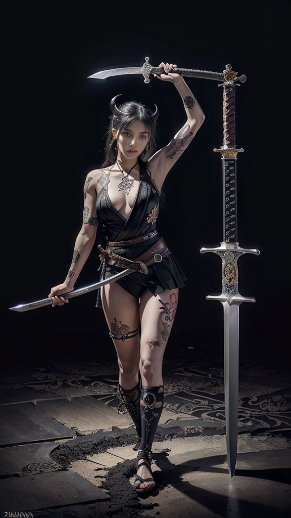 Full body photo of perfect beauty ((Demon Succubus)), Perfect appearance, slim body, ((Big heavy chest)), Shapeless short hair, Rainbow hair, small horns, (Wearing skimpy gothic clothing.), Fully functional, Abstract beauty, Near perfect, Pure form, ((Dynamic pose)), Subtle demonic background, ((Dark shadows)), ((Edge lighting)), Greg Rutkowski, John William Waterhouse(John William Waterhouse)and Alphonse Mucha(Alfons Mucha) Conceptual art, Highly detailed, Intricate details, 8K post production, High resolution, Super details, Popular topics on ArtStation, Sharp focus, Depth of field f/1.8, Studio shot, (Girl holding a large odachi sword in her hands, holding the hilt of the odachi sword in her hands, swinging it above her head:1.3), (Tattoo, Japanese tattoos all over the body:1.5), (Very detailed:1.4), From the front, looking at the camera