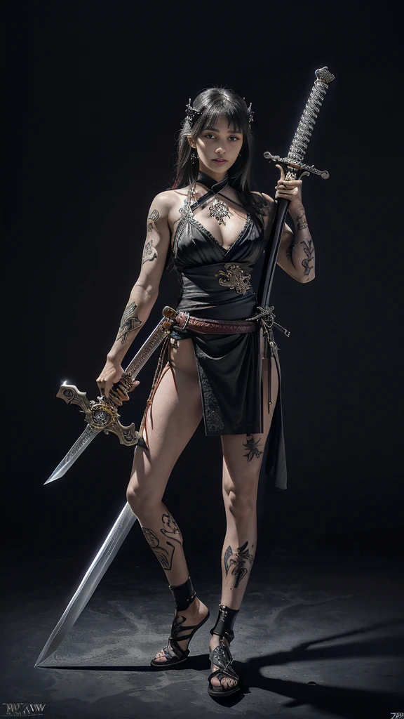 Full body photo of perfect beauty ((Demon Succubus)), Perfect appearance, slim body, ((Big heavy chest)), Shapeless short hair, Rainbow hair, small horns, (Wearing skimpy gothic clothing.), Fully functional, Abstract beauty, Near perfect, Pure form, ((Dynamic pose)), Subtle demonic background, ((Dark shadows)), ((Edge lighting)), Greg Rutkowski, John William Waterhouse(John William Waterhouse)and Alphonse Mucha(Alfons Mucha) Conceptual art, Highly detailed, Intricate details, 8K post production, High resolution, Super details, Popular topics on ArtStation, Sharp focus, Depth of field f/1.8, Studio shot, (Girl holding a large odachi sword in her hands, holding the hilt of the odachi sword in her hands, swinging it above her head:1.3), (Tattoo, Japanese tattoos all over the body:1.5), (Very detailed:1.4), From the front, looking at the camera