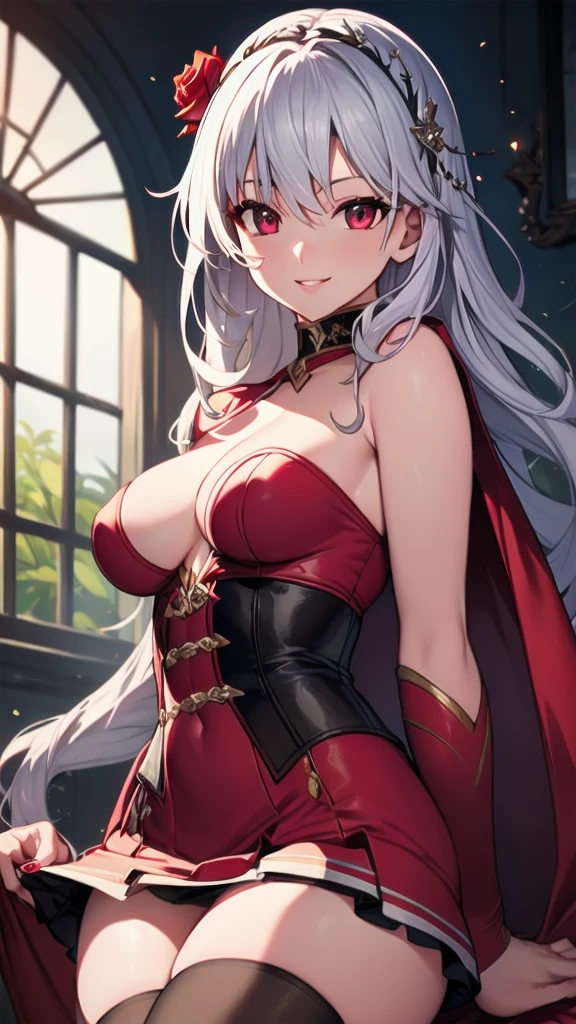 masterpiece, best quality, solo girl, light lavender hair, red eyes, long hair, medium breasts, sexy body and face, wavy hair, smile, parted lips, red lips, ribbon, crown of thorns, thorns, (red cape, dress flower), detached sleeves, hair flower, hair ornament, long sleeves, black corset, long skirt, red dress, rose, strapless dress, long skirt, thighhighs, thighlet, red nails, dress flower, black thighhighs, mksks style, beautiful background, orchestra, indoors, sexy pose, cowboy shots, sharp focus, ultra-detailed body, face, and eyes, vibrant, creative, dynamic, high definition, high resolution, 8k, (Upscale: R-ESRGAN 4x+ Anime6mage enchance:4x), voluptuous body, cinema lighting, looking at the viewer, (realistic:1.4), (beautiful detailed face, beautiful detailed eyes, volumetric lighting), 