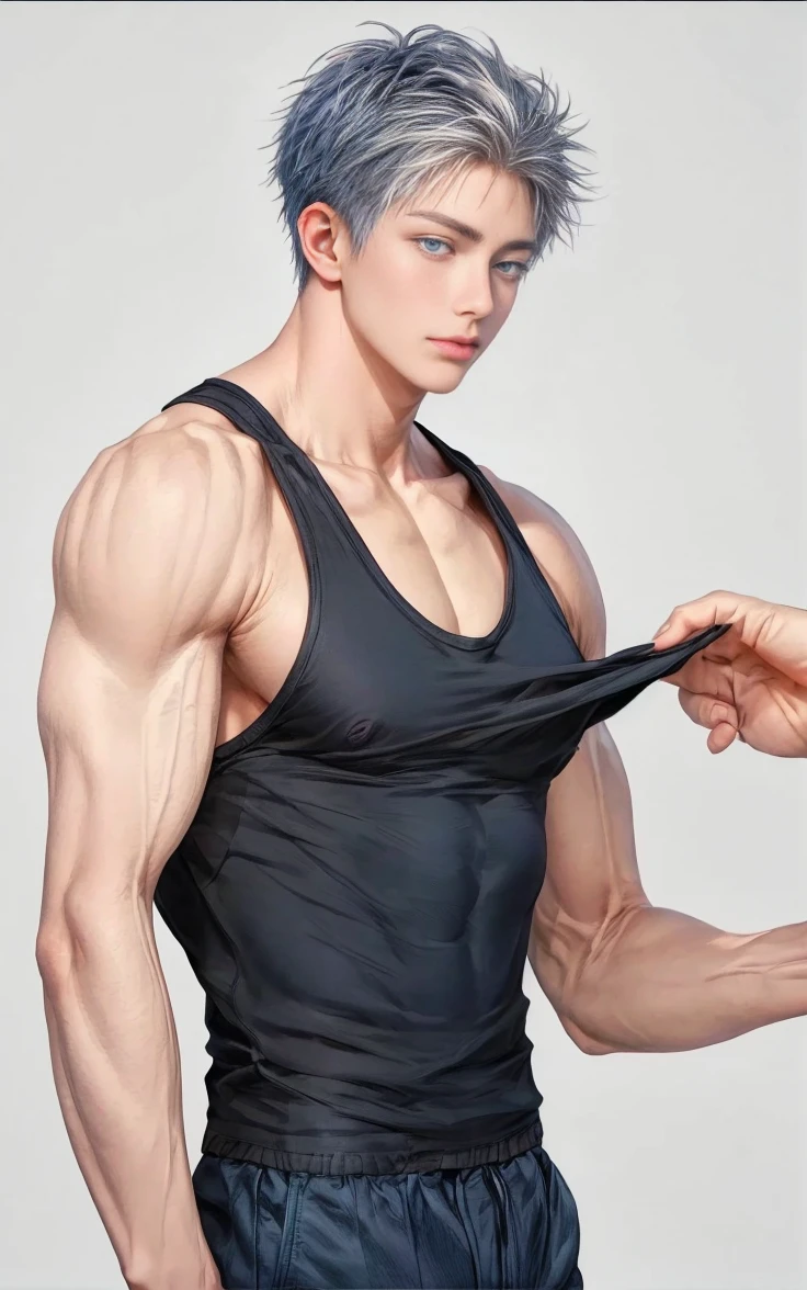 1boy, adult, handsome, perfect face, detailed eyes and face, clean shaved, muscular, capturing a rural atmosphere, dynamic lighting, unreal engine 5, hd picture, satoru gojo, white hair, short hair ,hair between eyes ,blue eyes