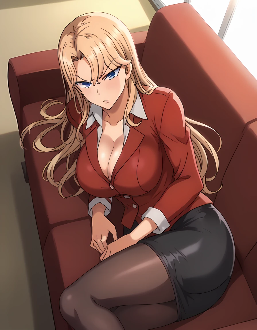 score_9, score_7_up, source_anime, anime screencap, BREAK 1female, ReikaKurashiki, blonde hair, long hair, blue eyes, (large breasts:1.3), long torso, red jacket, (collared shirt:1.1), collarbonea, (cleavage:0.7), red pencil skirt, pantyhose, sleeve cuffs, BREAK indoor, house, (laying down on couch, in personal office, sunset lighting, angry expression, image from above, slight tears on side of eyes), ((busty, wide hips, big ass)),