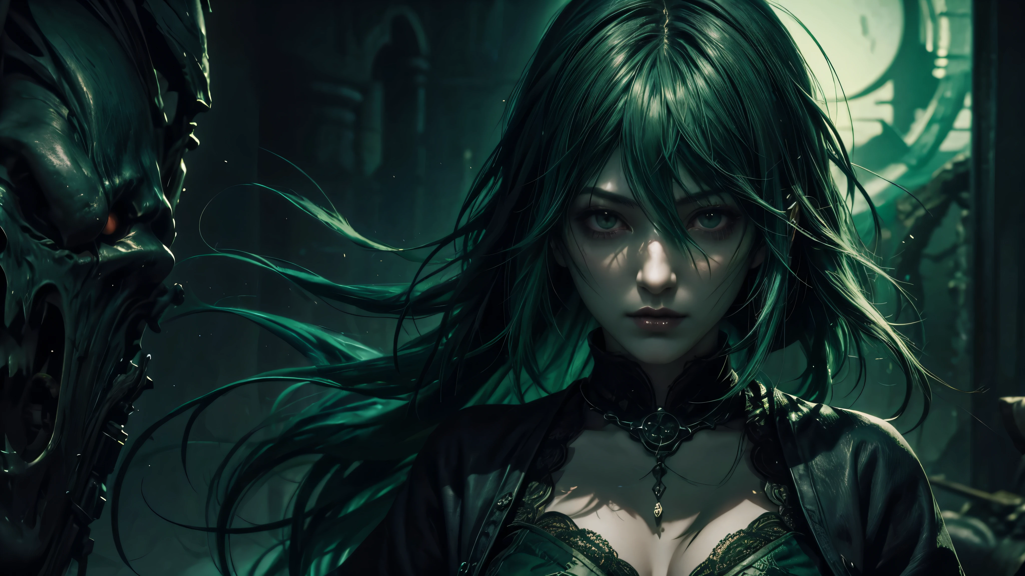 green hair, alchemist (Dark Fantasy) (Fatal Frame)