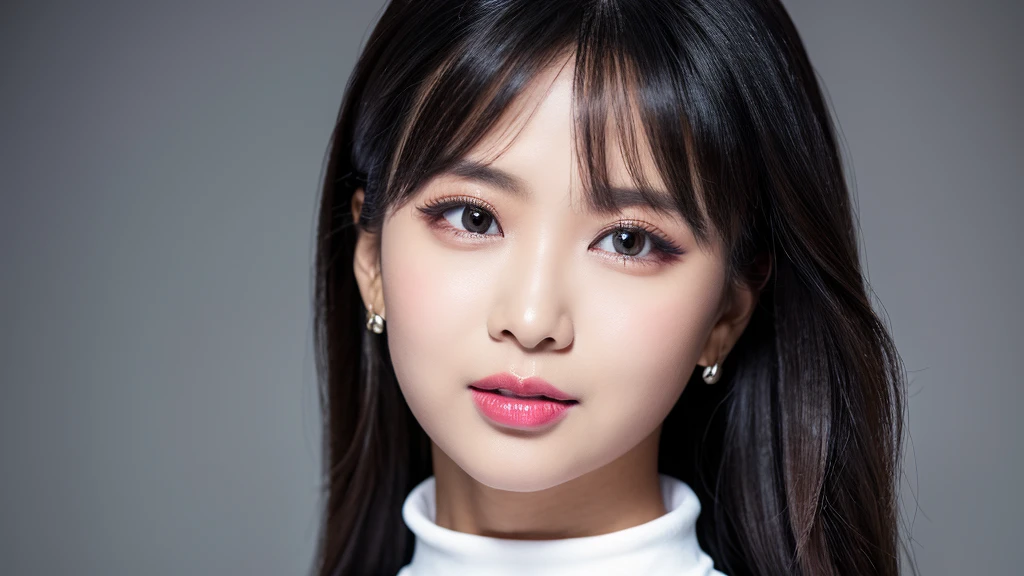 ((Detailed face)),vivid,cute,A silky black and white outfit with a turtleneck and sleeveless top,4K,Ultra-high resolution,(Photorealistic:1.7),Gray background,Long black hair,