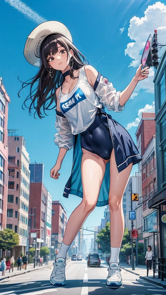 masterpiece Unreal Engine Anime Style Delicate painting 4K 90's giant crowd Residential Street apartment Apartment Woman in her 20s 高層apartment街の谷間に立っている水着の巨大な女の子 One piece swimsuit slender Straw hat sneakers White socks watch Black Hair blue sky cumulonimbus Contrail female giant giant girl Whole body Destroyed skyscrapers Destroyed cars Crowd Unreal Engine,cleavage ,a drawing of a , earrings, long hair, 1980s (style) Cute picture Beauty Analog style whole body sneakers