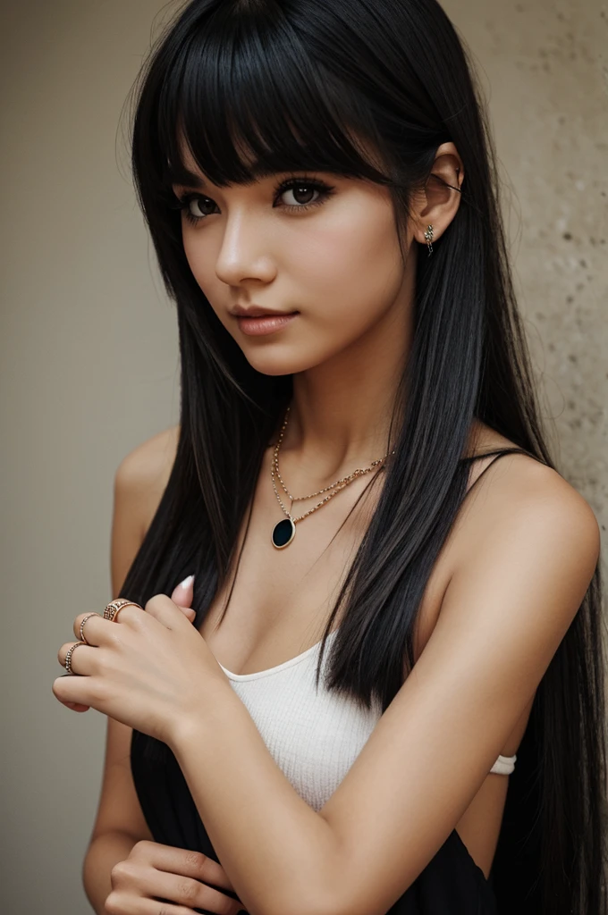 Draw a picture of a girl with shoulder-length hair., eyeliner, necklace with a stone, two rings on hands, and dressed in black