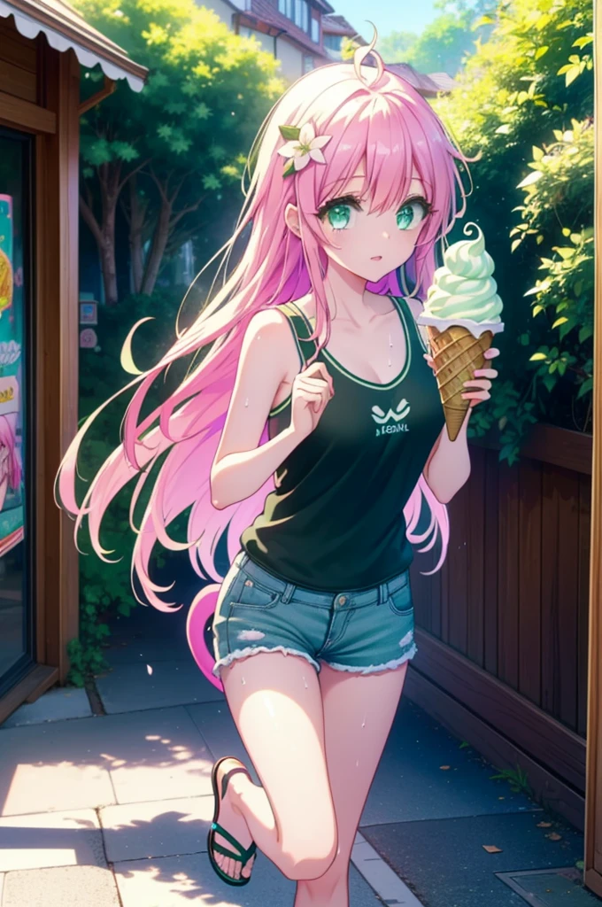 Laladevi Luke, Lara Deviluke, Long Hair, Pink Hair, tail, Ahoge, bangs, hair ornaments, (Green Eyes:1.5), smile,Open your mouth,demon tail, Tank top,Shorts,Heeled Sandals,Black-rimmed glasses,Holding ice cream in one hand,Eating ice cream,Walking,noon,Clear skies,True Summer,Sweat,whole bodyがイラストに入るように,
break outdoors, In town,
break looking at viewer, whole body,
break (masterpiece:1.2), Highest quality, High resolution, unity 8k wallpaper, (figure:0.8), (beautiful detailed eyes:1.6), extremely detailed face, Perfect lighting, extremely detailed CG, (Perfect hands, Perfect Anatomy),