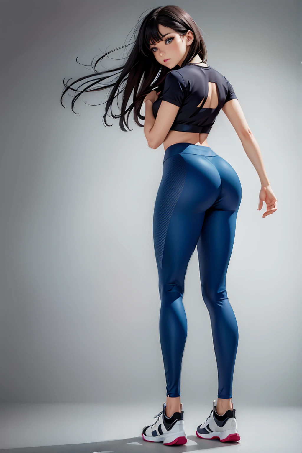 T Shirt, tight leggings, looking back
