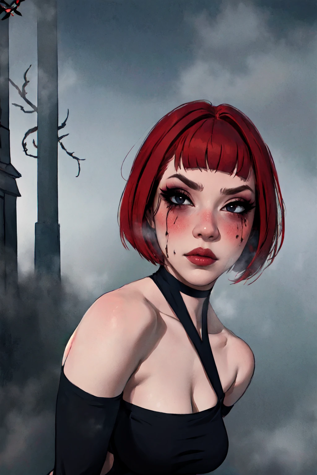 1woman, 35 years old, solo, skinny, red hair, black eyes, eyeliner, looking at viewer, lips, red bob cut, blunt bangs, blush, standing, upper body, face focus, outdoors, horror \(theme\), night, fog egirlmakeup, sitting