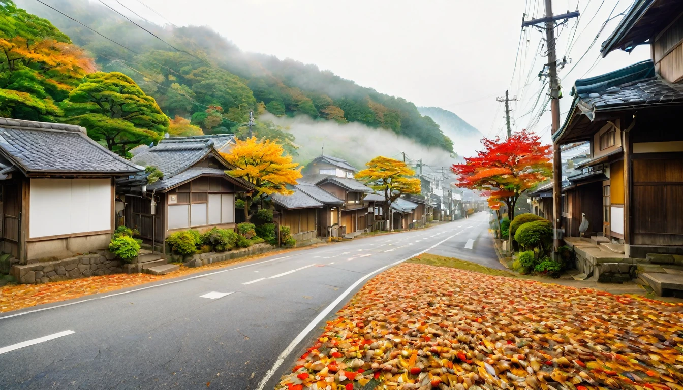 "Fresh morning scene of a a rural Japanese town, early autumn leaves scattered on the ground, mist rising in the distance"