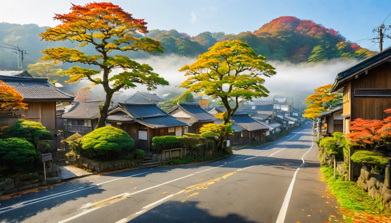 "Fresh morning scene of a a rural Japanese town, early autumn leaves scattered on the ground, mist rising in the distance"