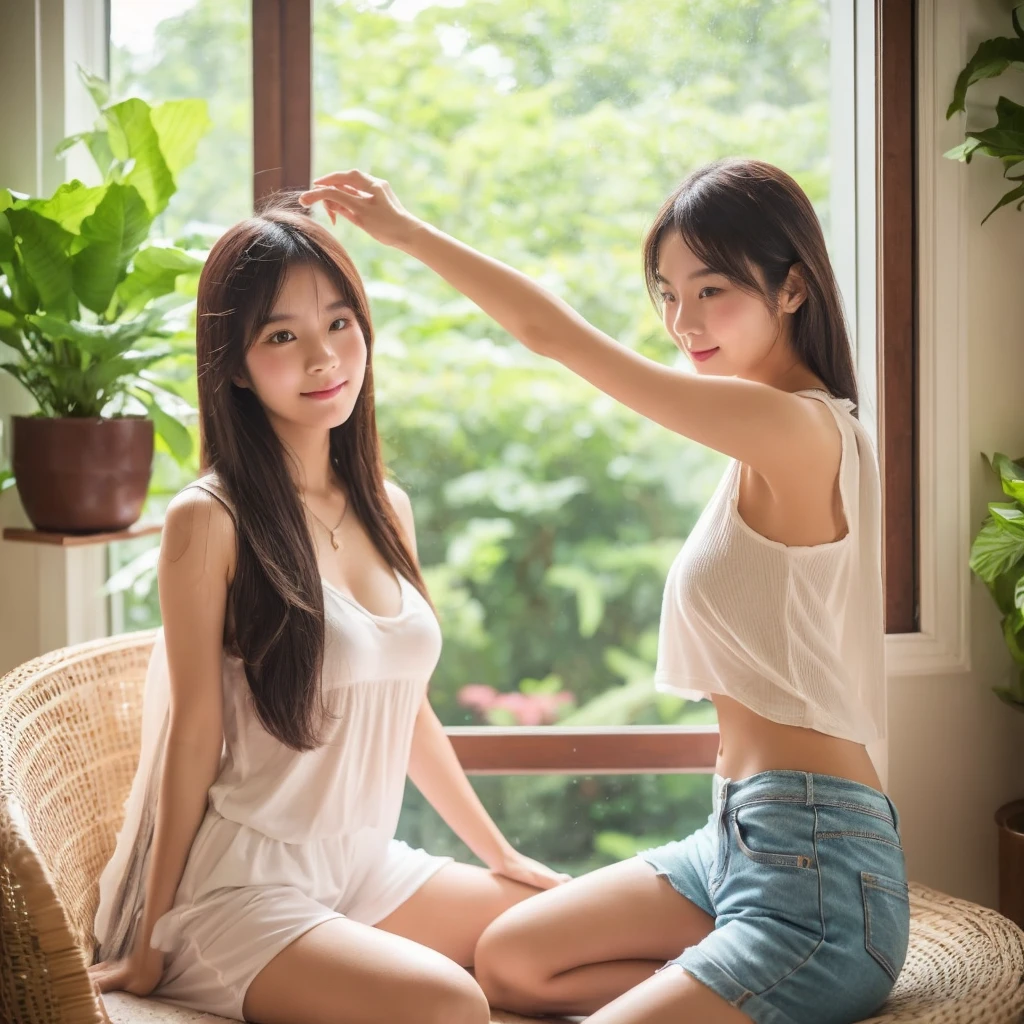 A beautiful Asian woman in her 20s is sitting in shorts. She is touching her knees.