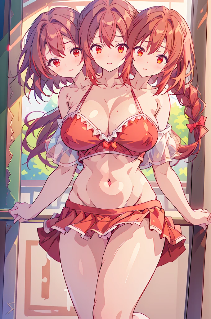 (masterpiece, best quality), best quality, (ultra-detailed), ((3heads:1.5)), 1girl, (yumemi okazaki:1.3), masterpiece, best quality, ultra quality, ultra resolution, ultra detail, red top, crop top, ((stomach)), midriff, ((groin)), red skirt, normal ears, shackles, dark red hair, short hair red eyes, parted lips, sweat, super cute, open belly, toned belly, hand on own chest, eyelashes, (24 year old woman:1.3), (masterpiece:1.5), (best quality:1.5), (beautiful detailed), extremely detailed CG, extremely delicate and beautiful, depth of field, (finely detailed face), (perfect details:1.2), (mature female:1.3), wide pelvis, slender, large veiny breast, 16k resolution, highres, very high quality, very high definition, extremely detailed, masterpiece, dark red hair, long hair, alluring presence, braid, short skirt, close up, very big tits, huge tits, young, midriff, nsfw, girl with three heads, three headed girl, ((redhead)),