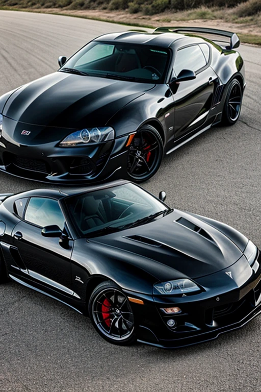 A black Toyota Supra MK5 next to a black Camaro