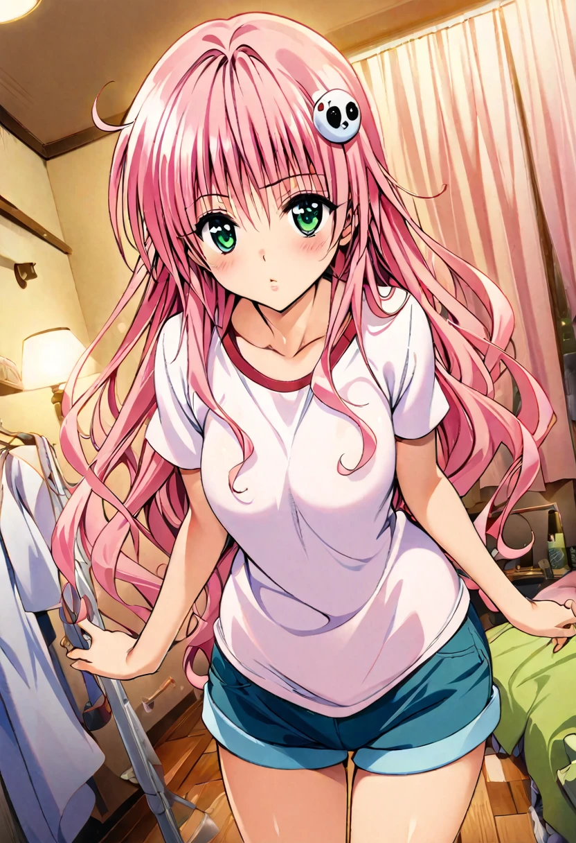 masterpiece, highest quality, Detailed face, Beautiful and detailed eyes, Beautiful Face, Perfect body, Official Art, grand plix award illustration, Professional Lighting,One girl, Lara Satalin Deviluke,pink long hair,green eyes,hair ornament,shirt,shorts,room,Style of Yabuki Kentaro, To Love-Ru art style,