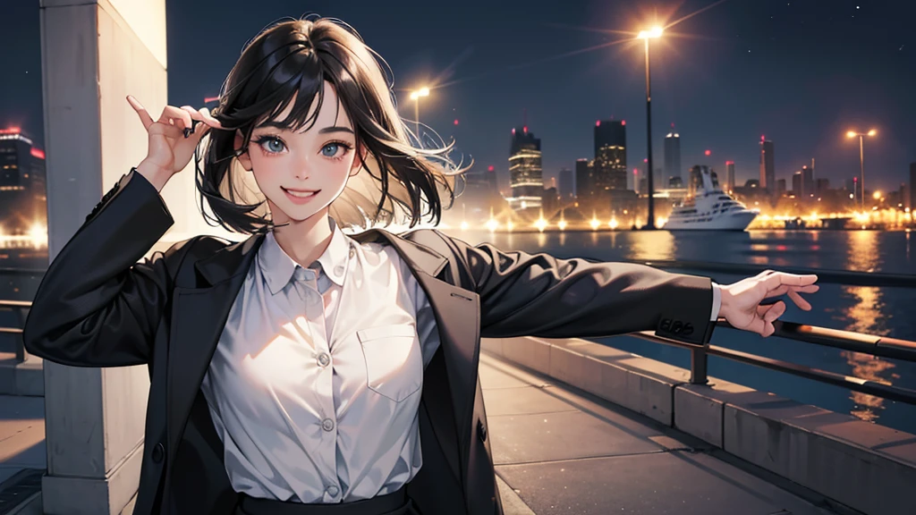 (perfect anatomy:1.2)(absurdres, highres, ultra detailed),masterpiece,best quality,high resolution,8k,Realistic face,Realistic skin texture,magnified textures, stunning clarity,detailed anime girl,(ultra detailed eyes and face),(1 girl:1.5)21years old,she is office worker,,smile:1.2,black hair, bob cut,natural make,grey jacket,grey pants,black brouse,sparkling eyes.small nose,roundface,just left the office when it was time to leave,night,bussines district,she is walking,(looks happy:1.5),feeling freedom,(smile:1.5),look at viewer,upper body,standing,arms down,happy pose
