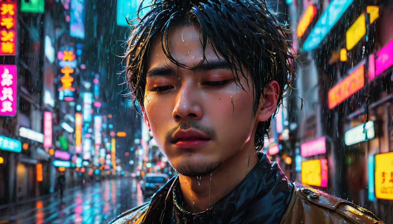 "Close-up of a Japanese young man's face in heavy rain, his eyes closed as raindrops (or tears) stream down his cheeks, neon signs blurred in the background"