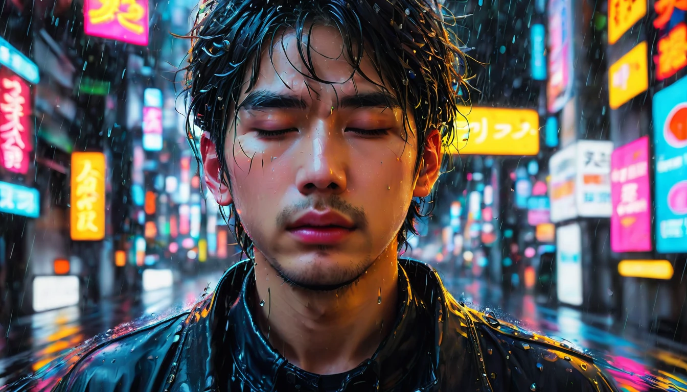 "Close-up of a Japanese young man's face in heavy rain, his eyes closed as raindrops (or tears) stream down his cheeks, neon signs blurred in the background"