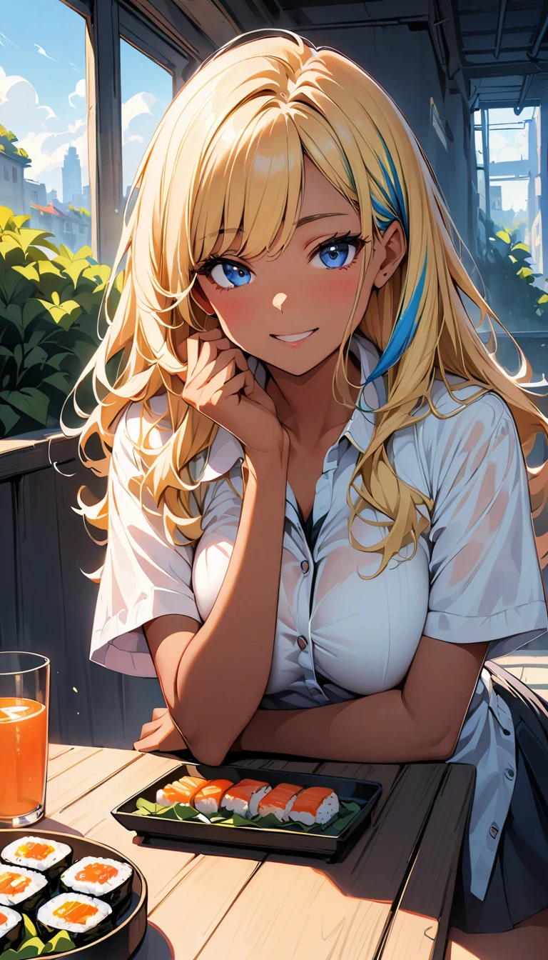 (highest quality:1.2, Very detailed, up to date, Vibrant, Ultra-high resolution, High Contrast, masterpiece:1.2, highest quality, Best aesthetics), Portraiture、girl、slim, Bright colors、Beautiful fine details、Beautiful lip detail、long hair, ((wavy hair:0.4))、messy hair, blonde and blue ((streaked hair:1.3)), highlights hair: 1.3, midium breast, (tan skin:1.3), button-up shirt、eating Sushi, enjoy Sushi at the table, cowboy shot,
