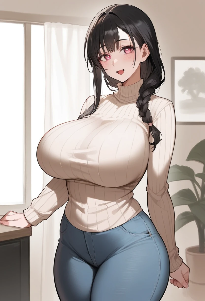 score_9, score_8_up, score_7_up, 1girl, black hair, pink eyes, long hair, braided ponytail, bangs, sidelocks, pale skin, large breasts, wide hips, open-chest sweater, ribbed sweater, jeans, smile, indoors, unaestheticXL_bp5, aidxlv05_neg, (SuperQuality:1.2), (negative_v2 Color_Balance_Calibration:0.8), sexy-style, mature female
