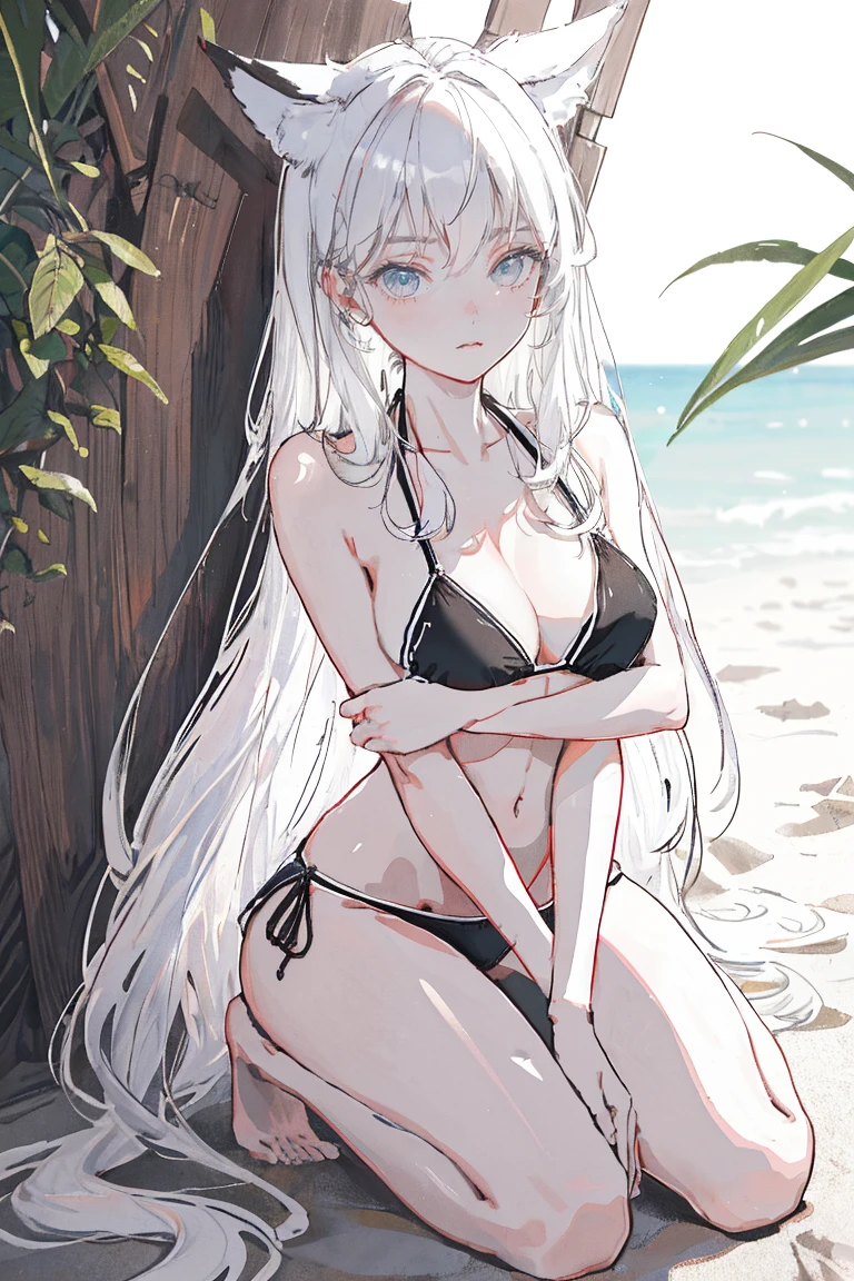 beautiful 1 girl, whole body, adolescent, Alone, (very long hair down to the waist, straight,: 1.28), (big fox ears, medium breasts, neckline, (thin hips, thin waist , athletic body: 1.25), bottom, looking away, (usando Alone un bikini: 1.5), groping the chest, kneeling in the sand, Masterpiece, Best Quality,trabajo de renderizado 2D ,2DMM style, close up, portrait, 2D,