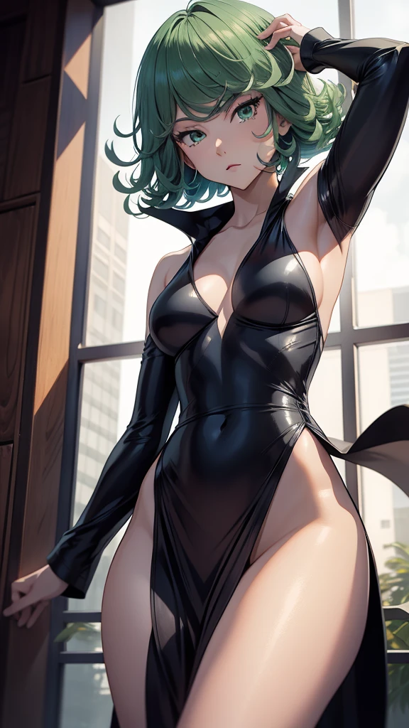Tatsumaki, black dress, showings armpits and pussy, half naked