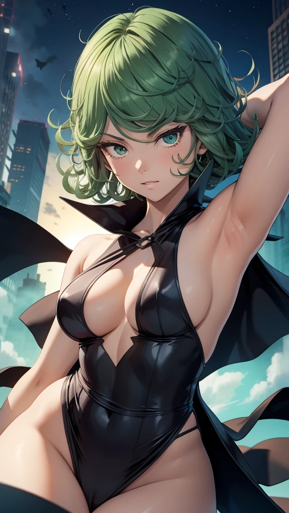 Tatsumaki, black dress, showings armpits and pussy, half naked