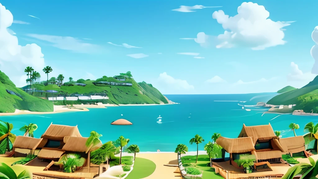 A tropical village by the sea、Ocean View、Background Southland、island、Palm tree、((Shooting from the sky))