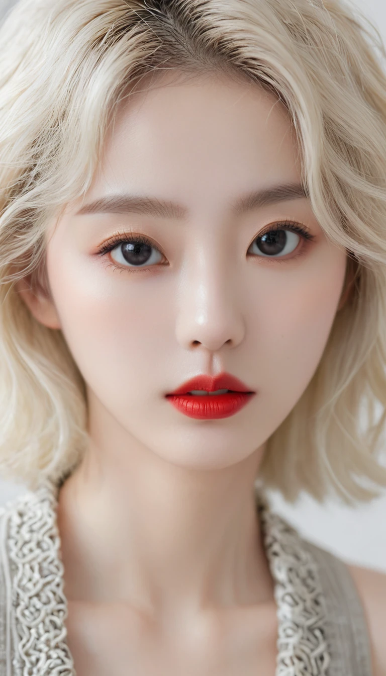 (Surrealism), (illustration), (high resolution), (8K), (Extremely detailed), (best illustration), (美丽而精致的Eye), (best quality), (Very detailed), (masterpiece), ( wallpaper), (Delicate face), solitary, 1 girl, White curly hair, Korean, Heterochromic Eyes, Eye下面有一颗小痣,, Large Breasts, Long legs, Tight abdominal muscles,Dynamic poses, High school girl,Gravure printing, Sexy, Perfect composition, ((Realistic perfect circle deep black super ridiculous details_Eye: 1.3, Extreme quality and resolution)), (Pale), ((Ultra-realistic sharp Eye, Obvious absurd quality, Not blurry,)), ((Fine pupils:1.4)), (Perfect makeup:1.35), ((Ultra-detailed symmetrical lips:1.3)), ((V-shaped jaw)), (Light glossy red_Lipstick:1.35), (Extremely detailed, Beautiful little nose:1.2), (Perfect composition), ((Pale skin:1.28)), ((Dry skin)), (flat chest), (Slim lower body), (Short hair handsome:1.37),Vision