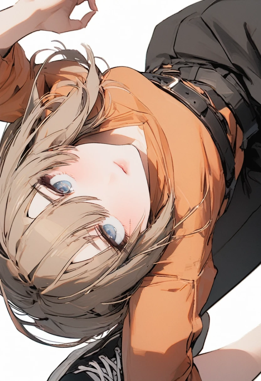 (Best, highest quality: 1.2, 8K), center, whole body, 20s, 1 adult female, orange shirt, black wide pants, simple sneakers, simple background, white background, eyes open, delicate eyes, beautiful eyes,
