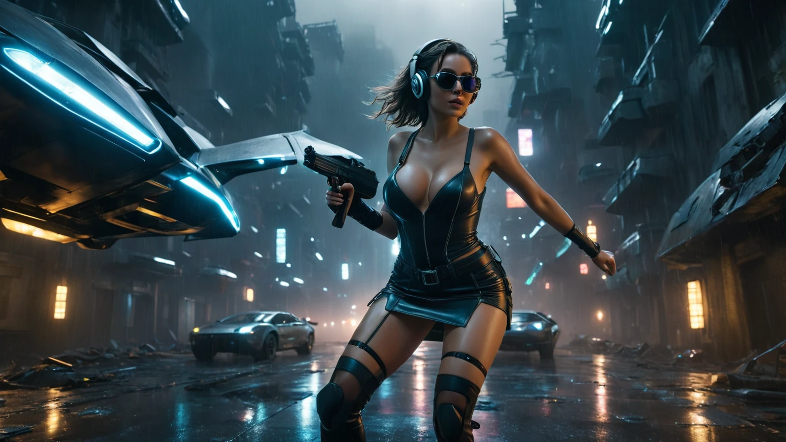 (aerial view, a flying car is speeding through a very dark abandoned futuristic city), rainy night. (((1girl, solo, alone))), large-breast:1.2 slim body, cleavage:1.1, sexy miniskirt, ((headphone, black sunglasses, standing and holding pistol pose)), (((((half-body thigh level medium shot))))), cinematic lighting, lens flare, ray tracing.