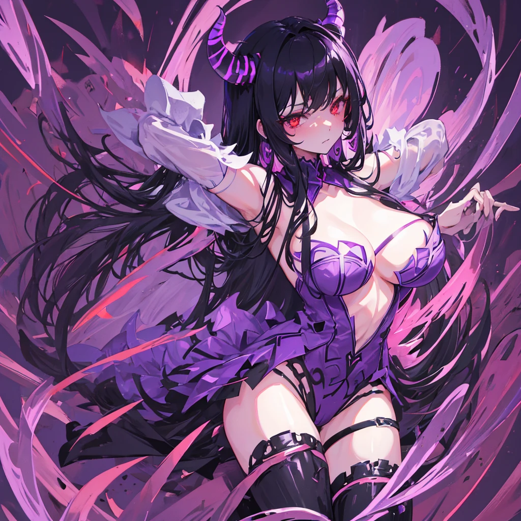 A demon girl with black horns on her head,Beauty,Black hair,Red eyes,Evil,Sexy,Beautiful figure,Black high heels,((Pure purple background))
