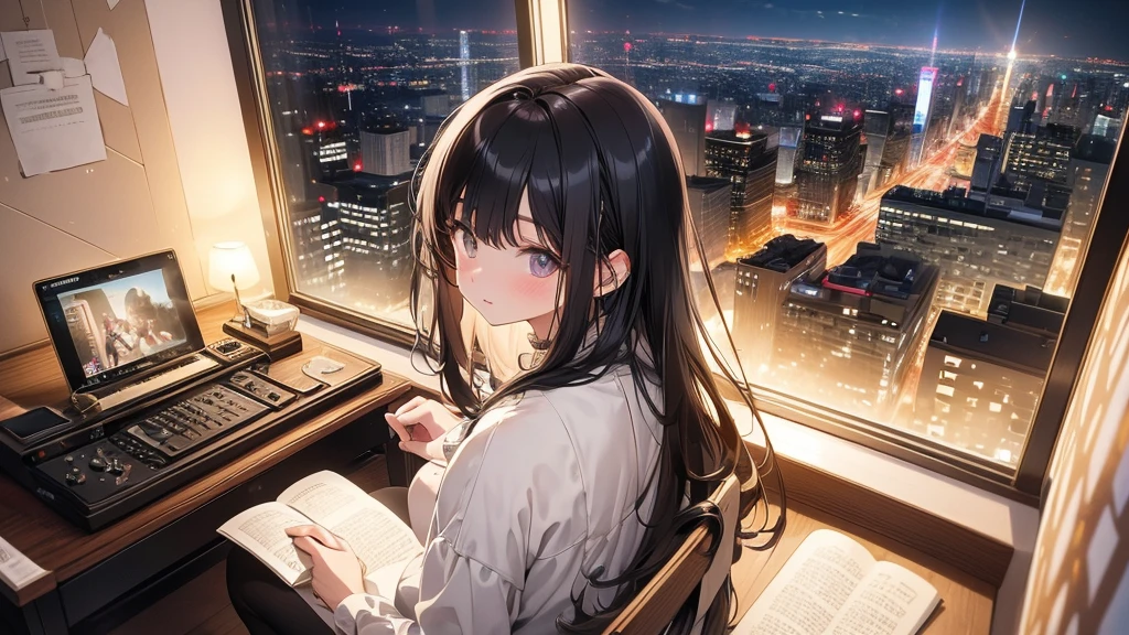 Ultra-high resolution, 8k, (Masterpiece, mysterious:1.3), Works by Makoto Xin Haicheng, Lo-fi feel, Perfect human body engineering, 1 female, mysteriousな瞳, Her charm point is her beautiful eyes, Idol, White ruffled dress, Shiny long black hair, Larger than average bust, Listening to music through headphones, Looking out the window, A room with musical instruments, city view from the window, Impressive cityscape, Bright Sky, meteor, Wide angle, Before dusk, Break time during composition, Coffee in a mug