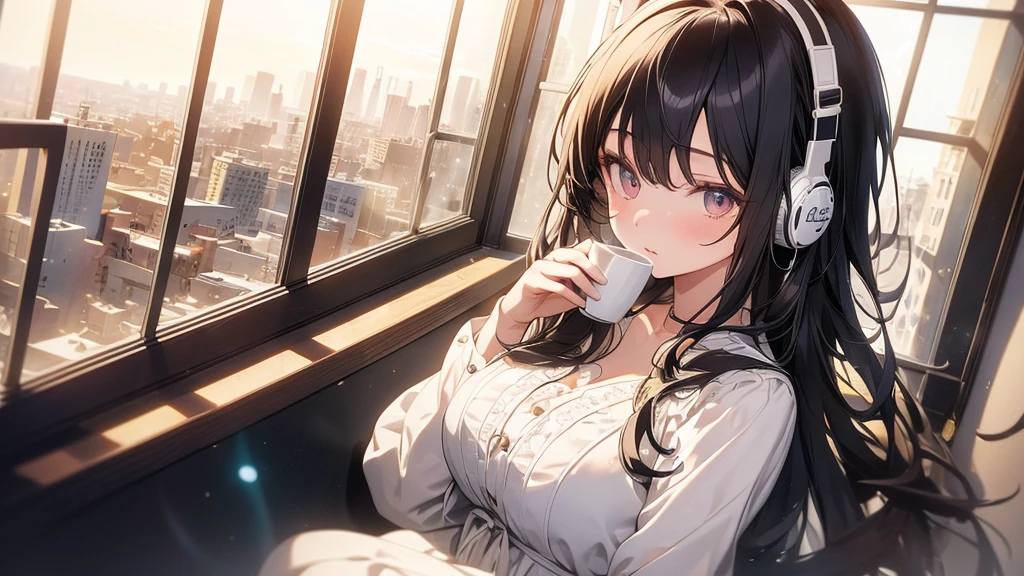 Ultra-high resolution, 8k, (Masterpiece, mysterious:1.3), Works by Makoto Xin Haicheng, Lo-fi feel, Perfect human body engineering, 1 female, mysteriousな瞳, Her charm point is her beautiful eyes, Idol, White ruffled dress, Shiny long black hair, Larger than average bust, Listening to music through headphones, Looking out the window, A room with musical instruments, city view from the window, Impressive cityscape, Bright Sky, meteor, Wide angle, Before dusk, Break time during composition, Coffee in a mug