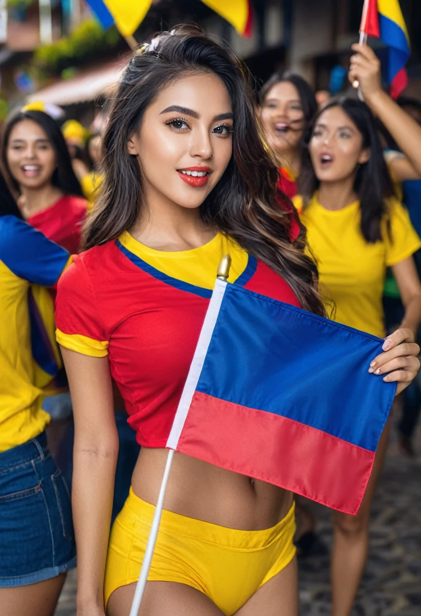 sexy girl with red shirts and in her hands she carries a mini flag of Colombia with yellow blue and red color with party atmosphere 