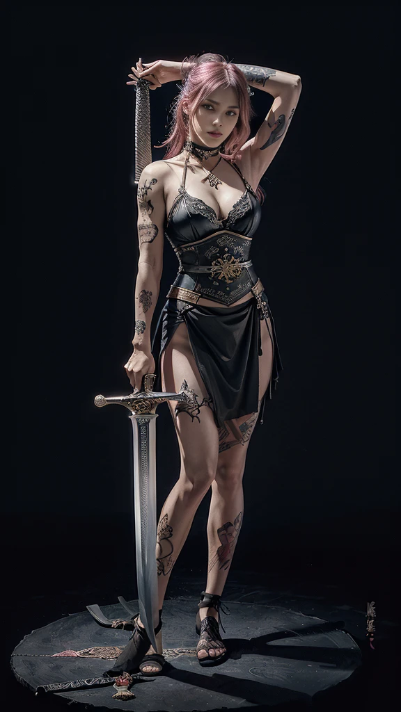Full body photo of perfect beauty ((Demon Succubus)), Perfect appearance, slim body, ((Big heavy chest)), Shapeless short hair, Pink hair color, Rainbow hair, Small horns, (Wearing skimpy gothic clothing.), Fully functional, Abstract beauty, Near perfect, Pure form, ((Dynamic pose)), Subtle demonic background, ((Dark shadows)), ((Edge lighting)), Greg Rutkowski, John William Waterhouse(John William Waterhouse)and Alphonse Mucha(Alfons Mucha)Conceptual art, Highly detailed, Intricate details, 8K post production, High resolution, Super details, Popular topics on ArtStation, Sharp focus, Depth of field f/1.8, Studio shot, (Girl holding a large odachi sword, holding the hilt of the odachi sword in her hands, swinging it above her head: 1.3), (Tattoos, Japanese tattoos all over her body: 1.5), (Very detailed: 1.4), Front view, Looking at the camera, Valley, Spectacular view,