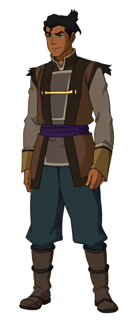 African-American, Bolin, water tribe traditional clothing mixed of blue and purple, with fur in shoulders and neck. Long sleeve, skinny, water tribe outfit. The character is wearing a blue, short-sleeved tunic with gold trim and fastenings down the front and fur collar, and fur on the shoulders. He has on dark purple pants tucked into knee-high boots. A green sash is tied around his waist. The overall style appears to be inspired by traditional East Asian clothing designs. And badass boots 