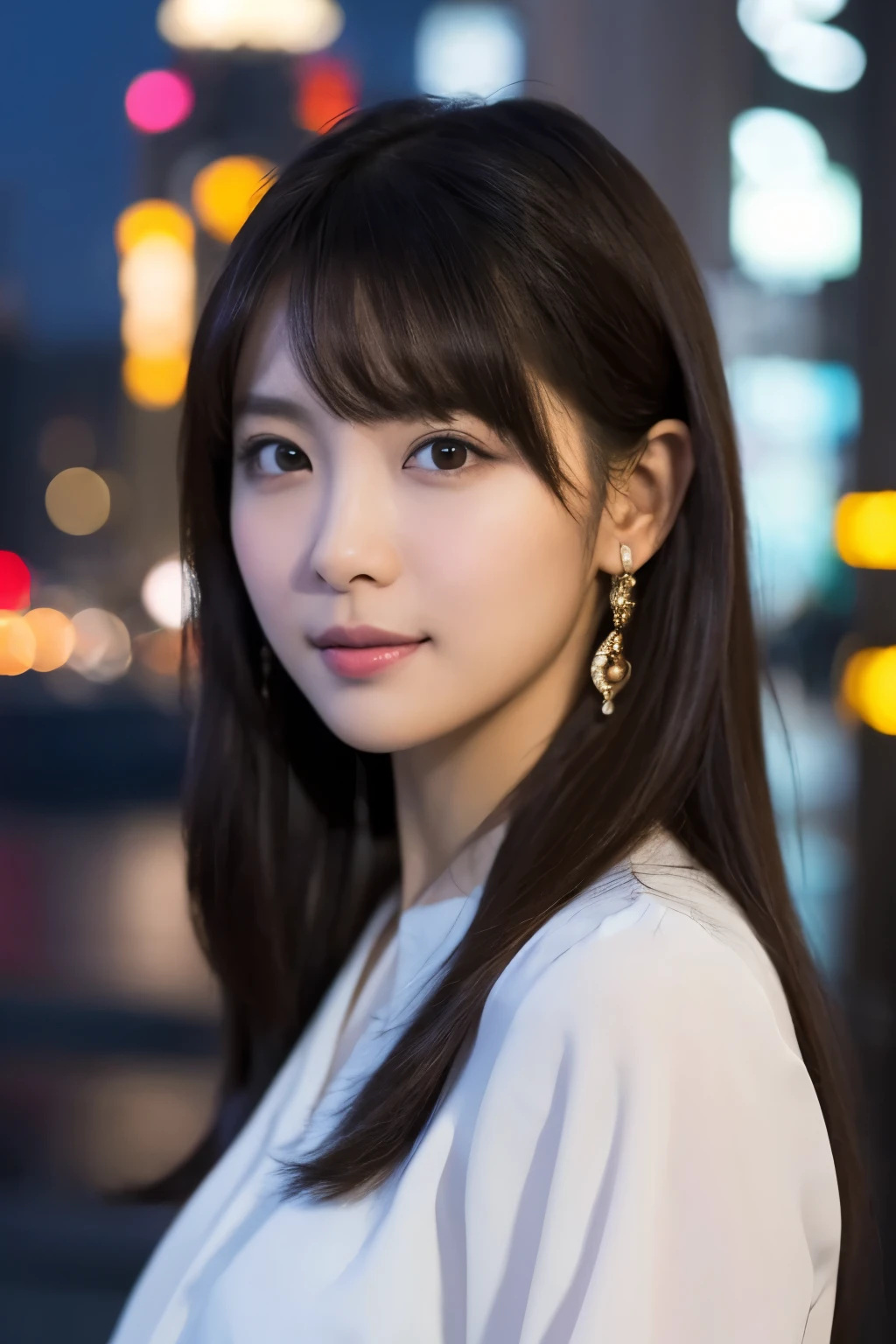 1 girl, (Wear a platinum blouse), Raw photo, highest quality, Photoreal, very delicate and beautiful, very detailed, 8k wallpaper, soft light, beautiful girl, very detailed目と顔, beautifully detailed nose, detailed and beautiful eyes, night city lights, perfect anatomy, slender body, taut, straight semi-long hair, bangs, ((looking at the viewer)), slight smile