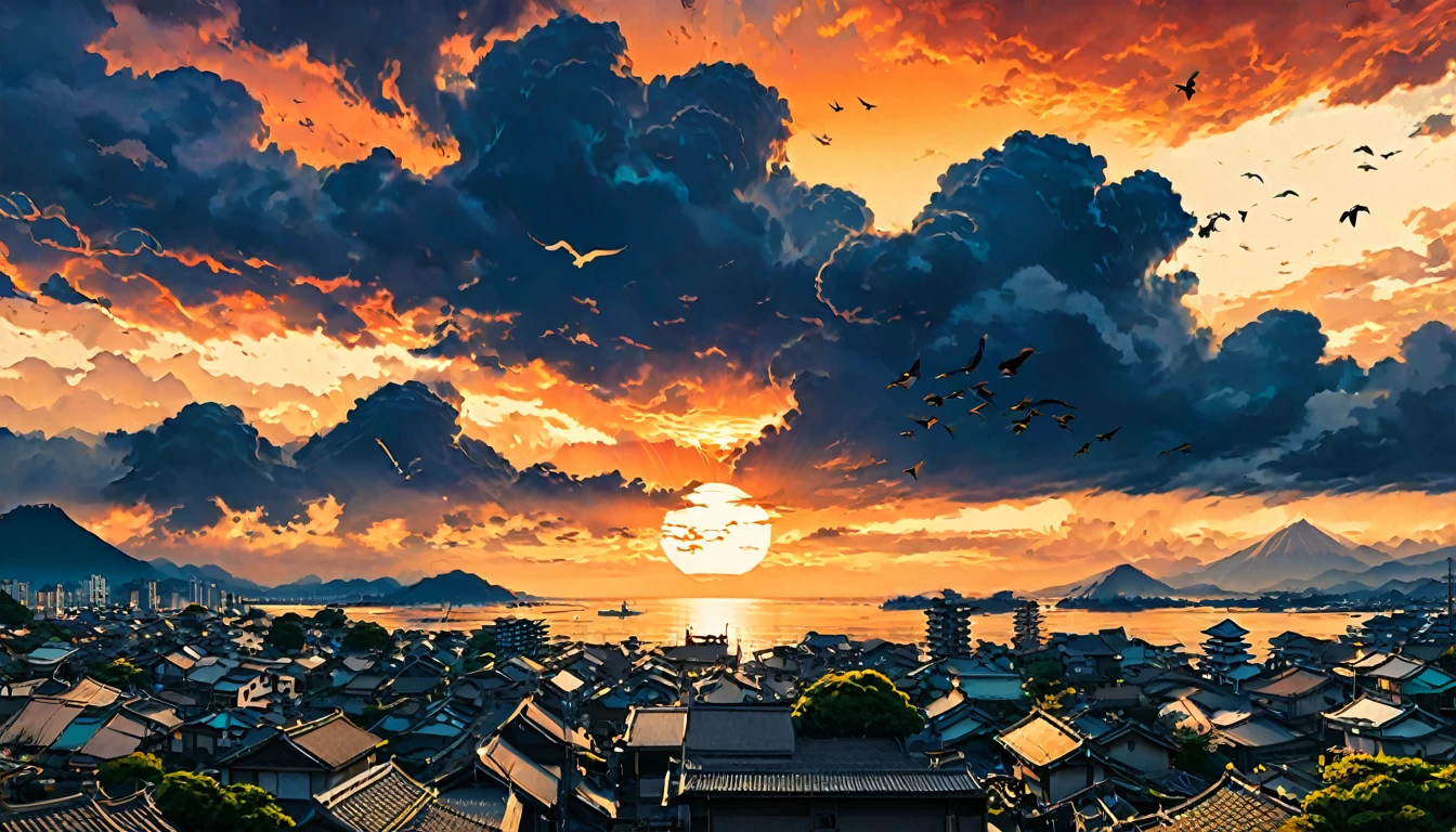 "Sunset sky over a Japanese coastal town, with orange-tinted clouds and a flock of birds taking flight, silhouettes of traditional roof tiles in the foreground"