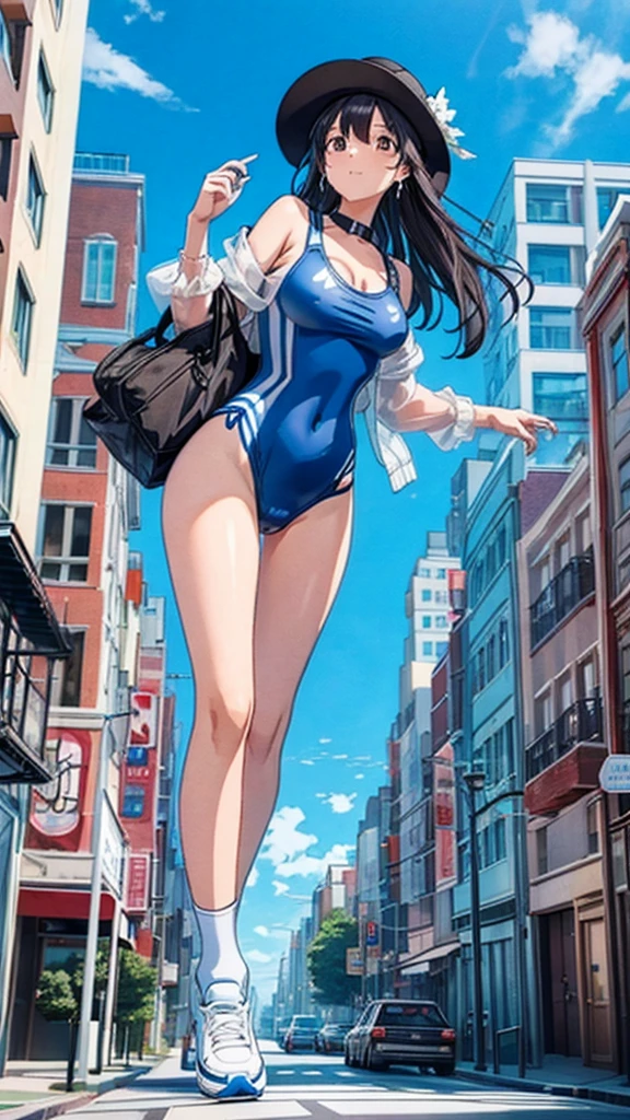 masterpiece Unreal Engine Anime Style Delicate painting 4K 90's giant crowd Residential Street apartment Apartment Woman in her 20s 高層apartment街の谷間に立っている水着の巨大な女の子 One piece swimsuit slender Straw hat sneakers White socks watch Black Hair blue sky cumulonimbus Contrail female giant giant girl Whole body Destroyed skyscrapers Destroyed cars Crowd Unreal Engine,cleavage ,a drawing of a , earrings, long hair, 1980s (style) Cute picture Beauty Analog style whole body sneakers
