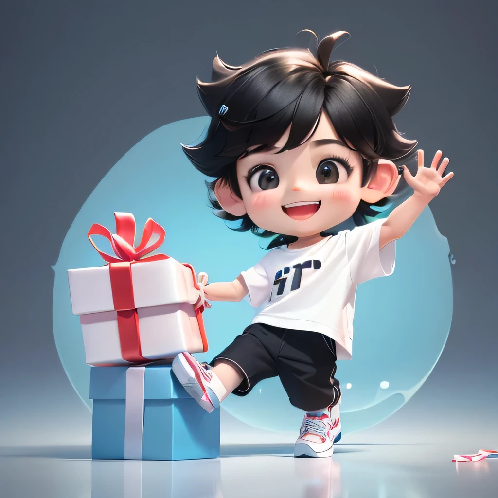 Cute 3D rendering style,Tide play style,Little boy opening a gift,Wearing a white T-shirt,Black hair,Black eyes,Wear shoes,Happy expression,8k,high quality,Soften Tone,Repair face and hands