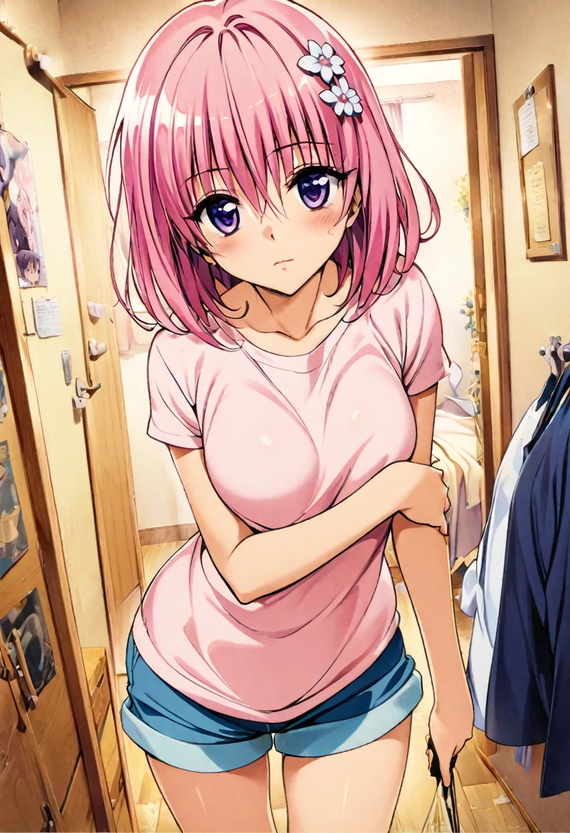 masterpiece, highest quality, Detailed face, Beautiful and detailed eyes, Beautiful Face, Perfect body, Official Art, grand plix award illustration, Professional Lighting,One girl, momo beria deviluke,pink short hair,purple eyes,floral hair accessory,shirt,shorts,room,Style of Yabuki Kentaro, To Love-Ru art style,